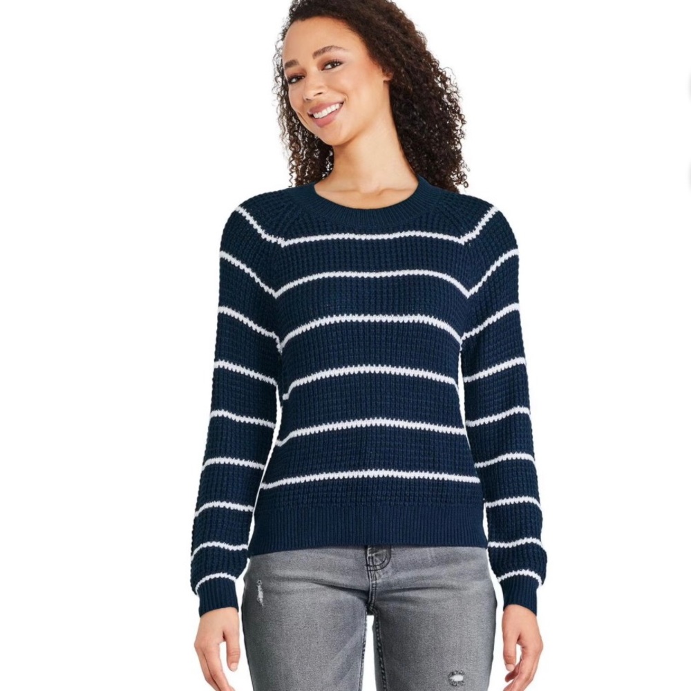 Women's Striped Crew Neckline Sweater - Navy Blue